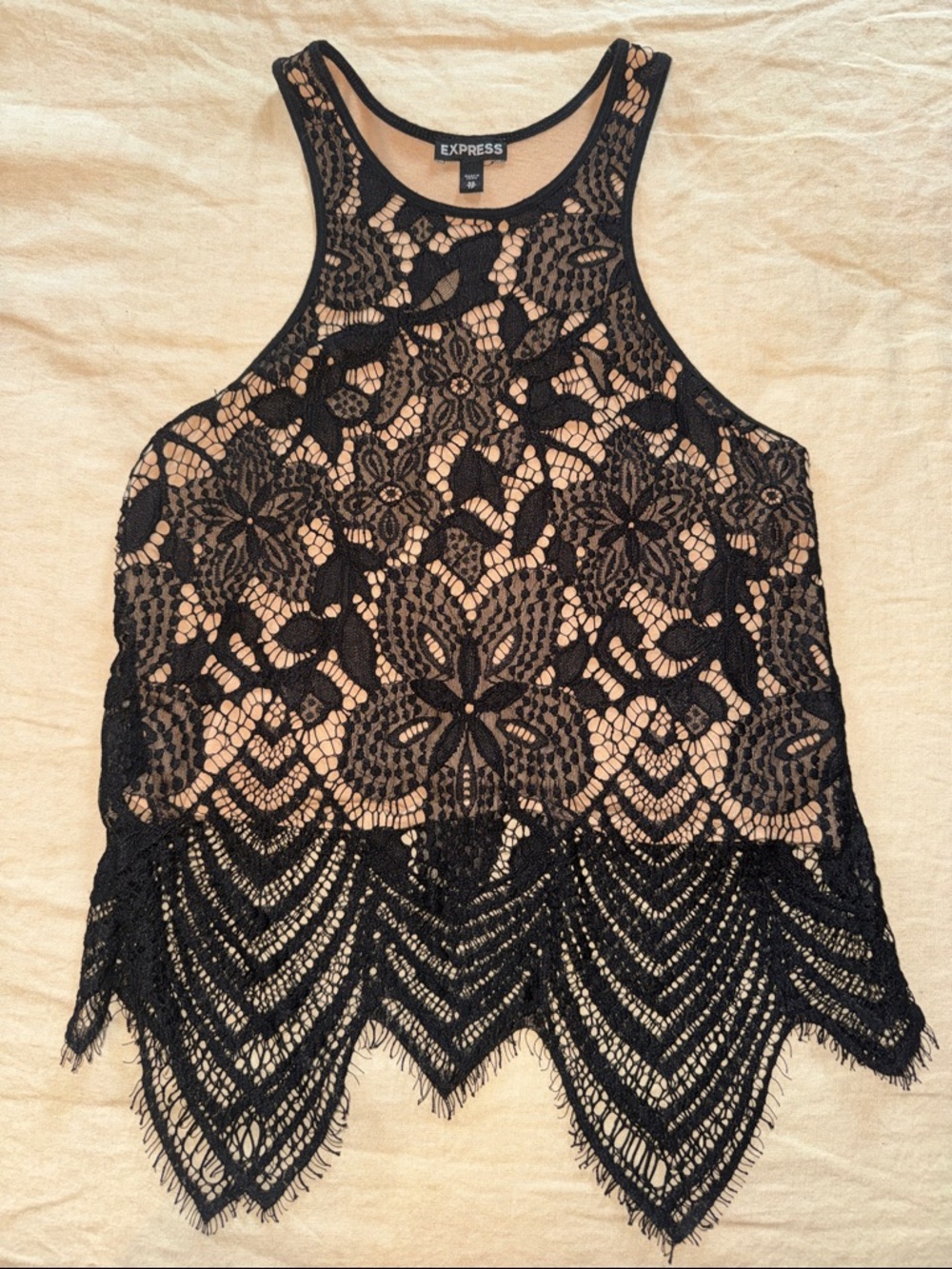 Express Black Lace High-Neck Cropped Crochet Tank